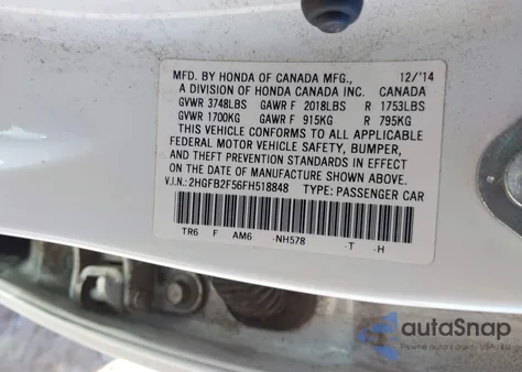 2015 Honda Civic Lx z USA, uszkodzony, nr VIN 2HGFB2F56FH518848